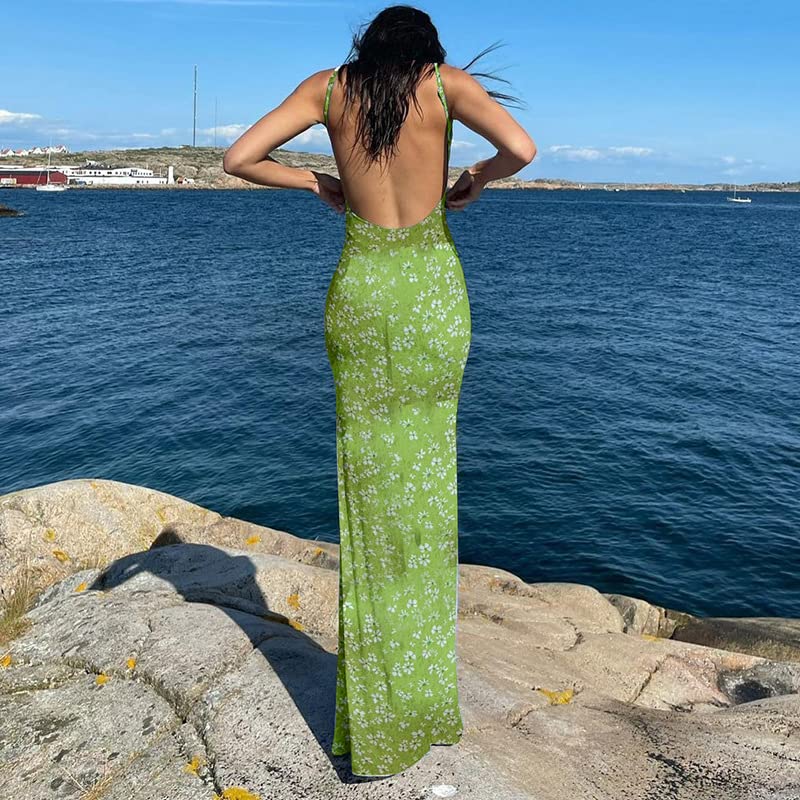 KMBANGI Women Cutout Backless Maxi Dress Sexy Sleeveless Floral Cocktail Dresses Bodycon Spaghetti Strap Long Dress Party(Green,S) - Image 4