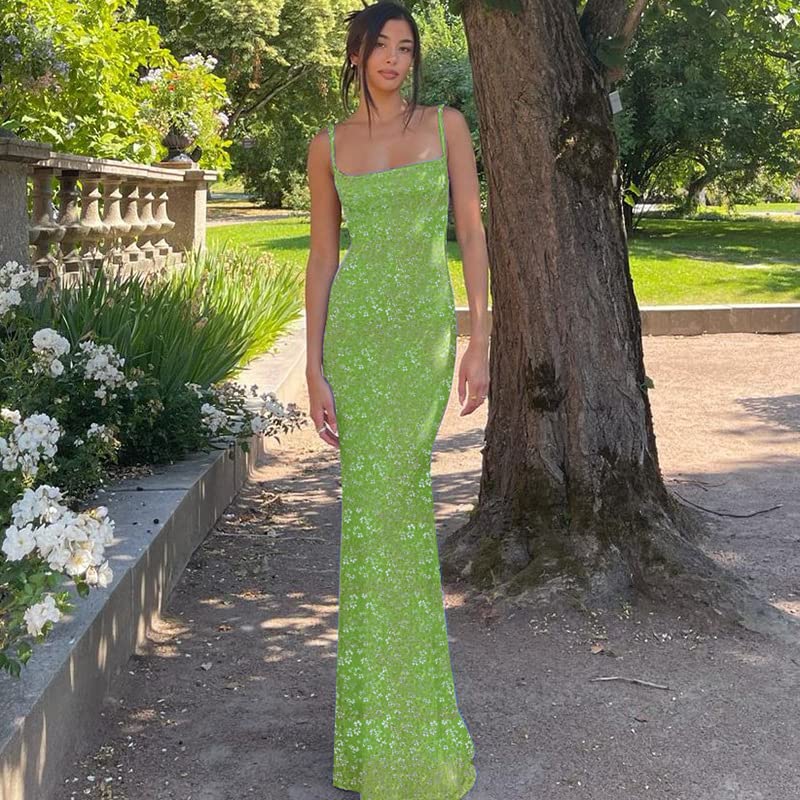 KMBANGI Women Cutout Backless Maxi Dress Sexy Sleeveless Floral Cocktail Dresses Bodycon Spaghetti Strap Long Dress Party(Green,S) - Image 5