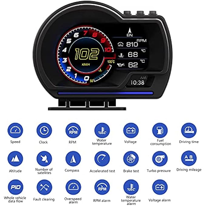 TERRIFI Car Hud Head Up Display P6 Obd Gauge DisplayGps Speedometer Dual System Smart Gauge Display Speed Alarm Water Temperature Alarm Works Great For Most Cars - Image 3