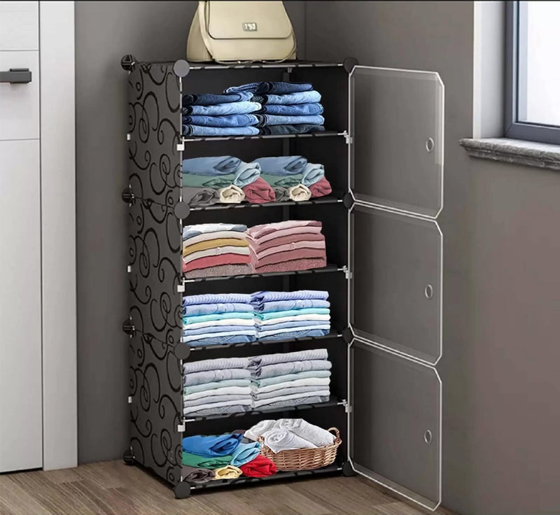 AYSIS Plastic Foldable Wardrobe for Clothes Storage, 6-Shelf 3-Door Collapsible Cupboard, Kitchen Storage Rack (Black, 44 x 32 x 158 Cm) - Image 1