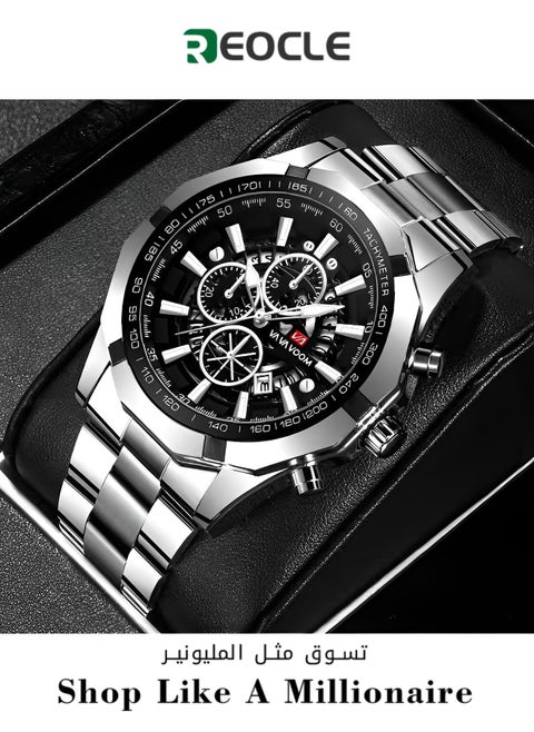 Men's Watches with Stainless Steel Strap & Date Function & Daily Waterproof & Chronograph Function Mechanical Skeleton Automatic Wrist Watch