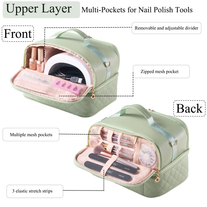 CTWWFS Nail Polish Organizer Holds 35 Bottles & Nail Lamp, Nail Organizers and Storage, Double Layer Nail Bag with Handle & Shoulder Strap for Travel, Nail Supplies Organizer for Manicure Kit (Green) - Image 3