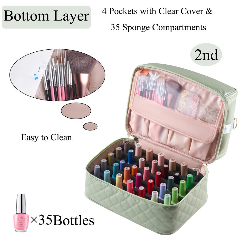 CTWWFS Nail Polish Organizer Holds 35 Bottles & Nail Lamp, Nail Organizers and Storage, Double Layer Nail Bag with Handle & Shoulder Strap for Travel, Nail Supplies Organizer for Manicure Kit (Green) - Image 4
