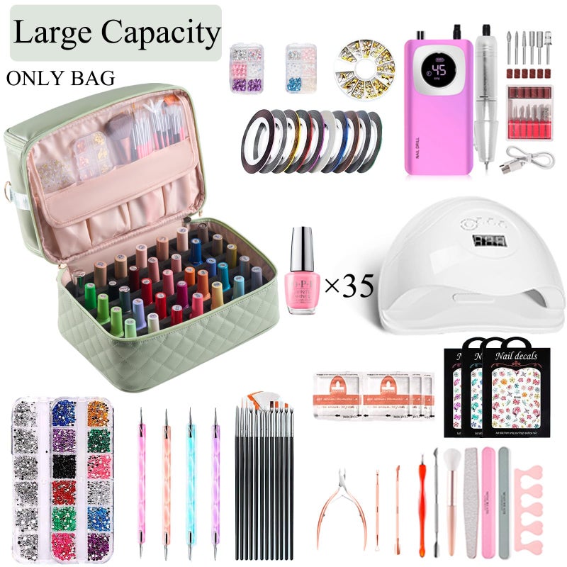CTWWFS Nail Polish Organizer Holds 35 Bottles & Nail Lamp, Nail Organizers and Storage, Double Layer Nail Bag with Handle & Shoulder Strap for Travel, Nail Supplies Organizer for Manicure Kit (Green) - Image 2
