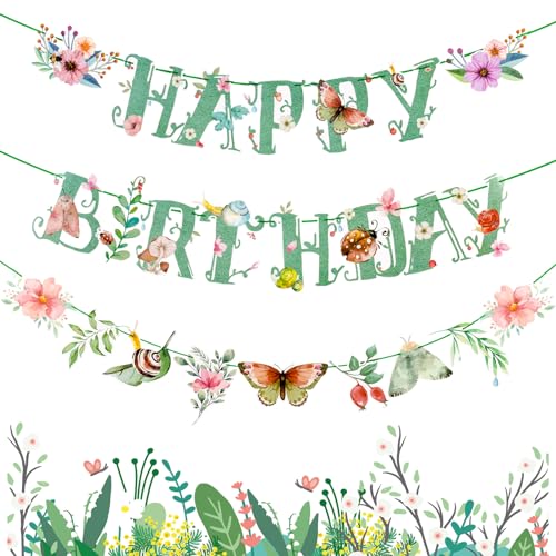 SUNBEAUTY Wildflower Happy Birthday Banner Sage Green Floral Flower Party Decorations Butterfly Flower Banner Summer Spring Butterfly Birthday for Women Girl Baby Shower Garden Tea Party Supplies PreStrung - Image 1