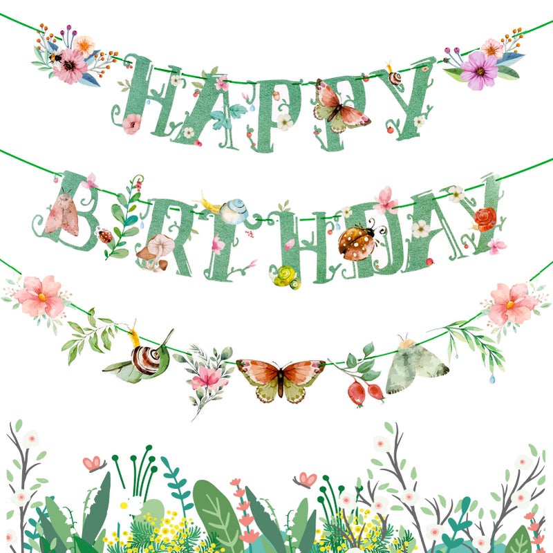 SUNBEAUTY Wildflower Happy Birthday Banner Sage Green Floral Flower Party Decorations Butterfly Flower Banner Summer Spring Butterfly Birthday for Women Girl Baby Shower Garden Tea Party Supplies PreStrung - Image 2
