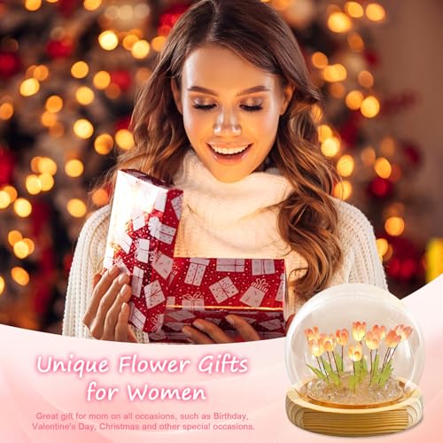Lifnatty Tulips Gifts for Women Tulip Lamp with Glass Dome Birthday Gift for Girlfriend Wife Mom Battery Operated LED Flower Night Light for Bedroom Home and Table Decor - Image 3