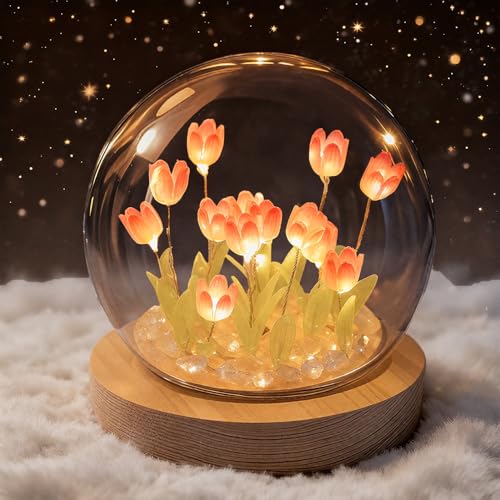 Lifnatty Tulips Gifts for Women Tulip Lamp with Glass Dome Birthday Gift for Girlfriend Wife Mom Battery Operated LED Flower Night Light for Bedroom Home and Table Decor - Image 1