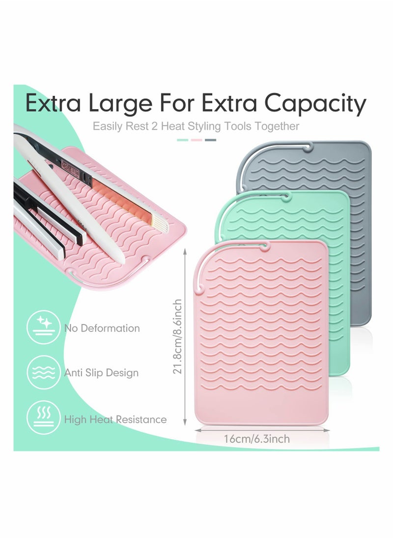 KASTWAVE Heat Resistant Straightener Pad 8.6 x 6.2 Inch Travel Silicone Heat Resistant Mat Heat Mat for Curling Iron Straightener Holder Flat Iron Mat for Hot Hair Dryer Salon Tools (3 Pcs Pink, Green, Gray)  - Image 2