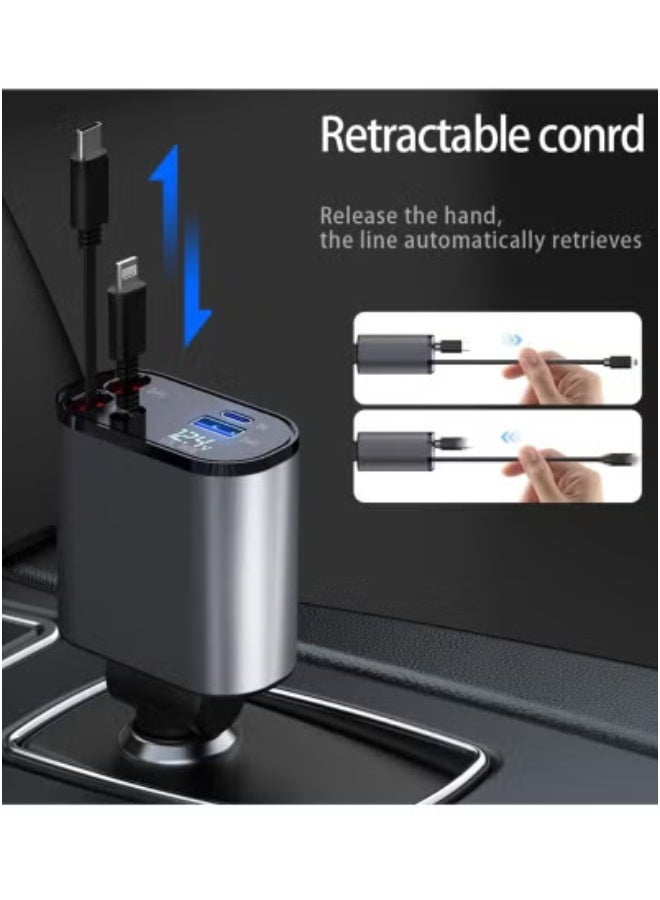 JAJEEK Retractable Car Charger 4 in 1 Fast Car Phone Charger 120W | Retractable Cables and USB Car Charger Compatible with iPhone iOS and Android Smartphones | 1 Lightning Cable, 1 Type-C Cable, 800MM Cable Length for Convenient Charging - Image 4