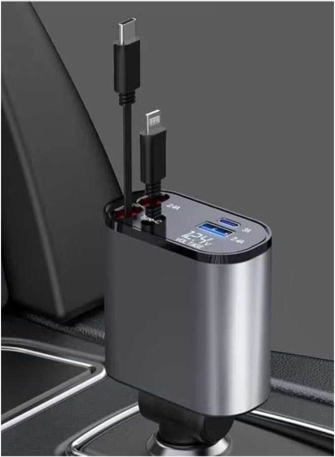 JAJEEK Retractable Car Charger 4 in 1 Fast Car Phone Charger 120W | Retractable Cables and USB Car Charger Compatible with iPhone iOS and Android Smartphones | 1 Lightning Cable, 1 Type-C Cable, 800MM Cable Length for Convenient Charging - Image 3