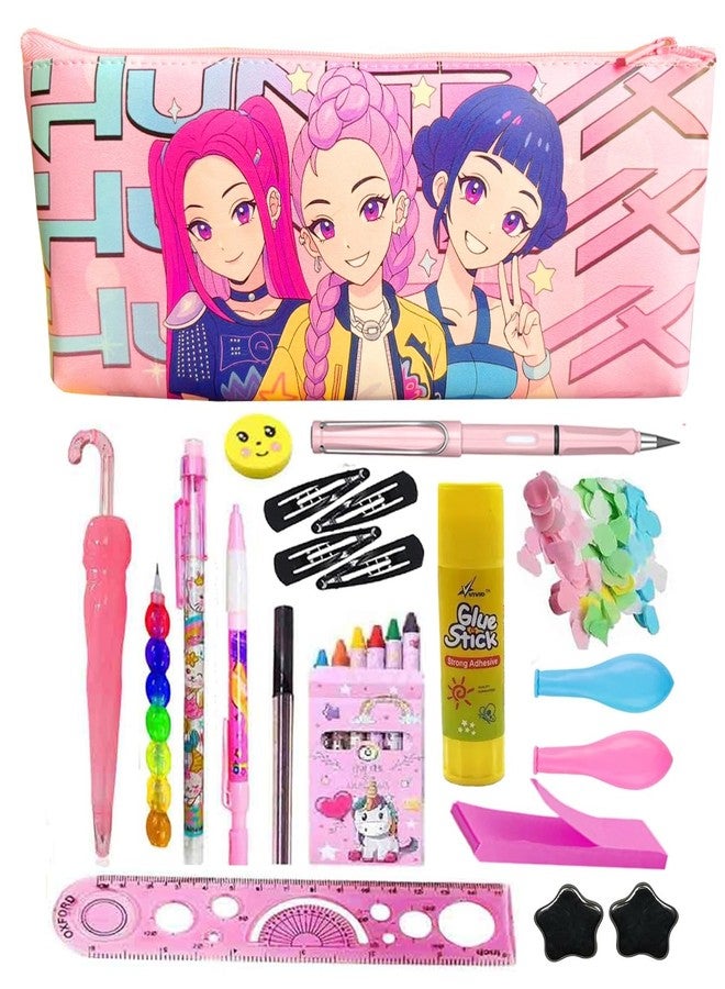 Krisus Kpopp Deemonn Hunterr Girls Stationery Gift Combo Set – Cartoon Pencil Pouch, Color, Pens, Glue, Ruler, Hairband & Clips and Much More Accessories | Kids School Supplies Gift Kit for Girls - Image 1