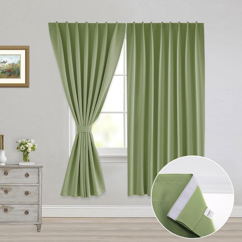 Muamar 2pcs Self Adhesive 100% Blackout Curtains for Bedroom Portable Curtains Easy Install  Rental House Curtains Temporary Curtains Sage Green 52"" W X 63"" L - Image 1