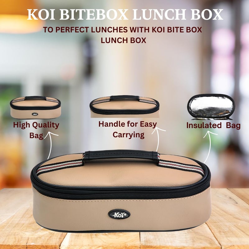 KOI Bitebox Set of 2 Horizontal Lunch Box 2 Inner Steel Containers with BPA Free Lids450 ml Each Leak Proof Microwave Safe Insulated Fabric Bag Easy to Carry Beige - Image 4