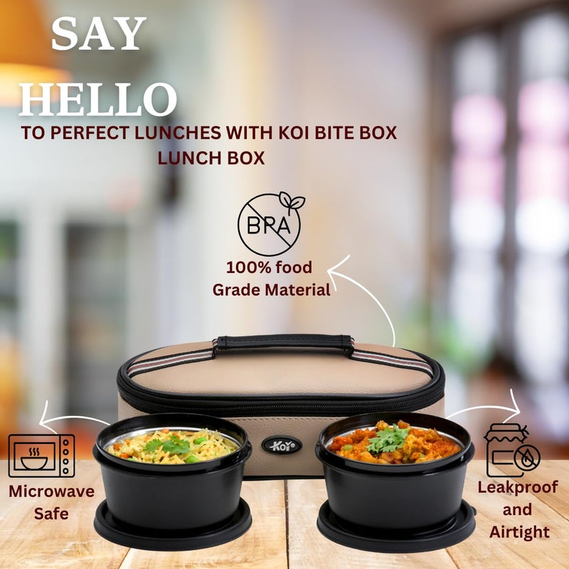 KOI Bitebox Set of 2 Horizontal Lunch Box 2 Inner Steel Containers with BPA Free Lids450 ml Each Leak Proof Microwave Safe Insulated Fabric Bag Easy to Carry Beige - Image 2