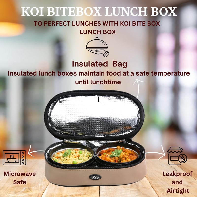 KOI Bitebox Set of 2 Horizontal Lunch Box 2 Inner Steel Containers with BPA Free Lids450 ml Each Leak Proof Microwave Safe Insulated Fabric Bag Easy to Carry Beige - Image 3