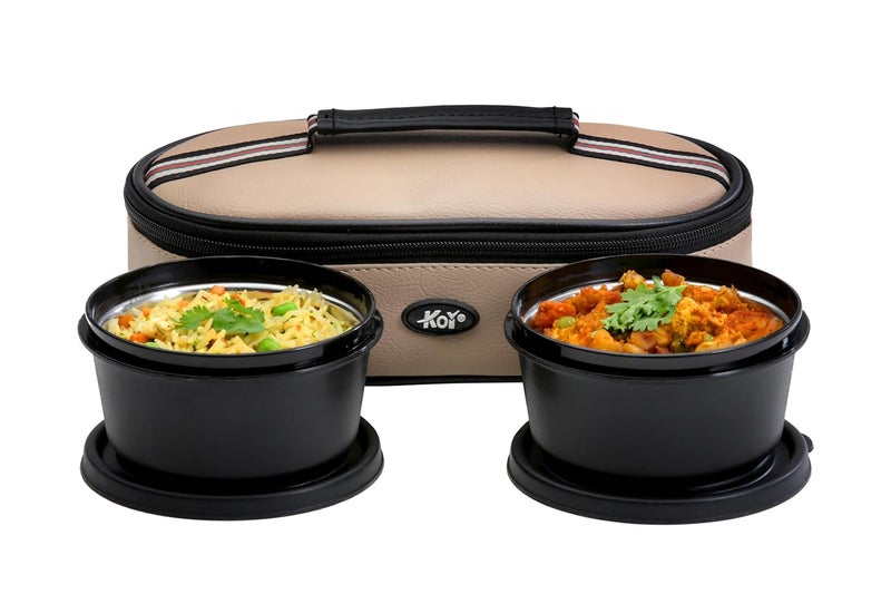 KOI Bitebox Set of 2 Horizontal Lunch Box 2 Inner Steel Containers with BPA Free Lids450 ml Each Leak Proof Microwave Safe Insulated Fabric Bag Easy to Carry Beige - Image 1