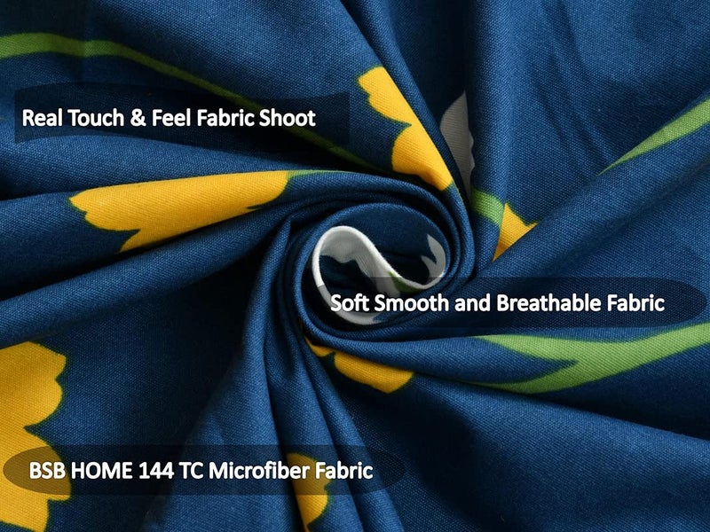BSB HOME Premium Single Bedsheet with 1 Pillow Covers - 160 TC Supersoft Microfiber - Breathable & Wrinkle Free - 2 Pcs Set | Dark Blue and Yellow Leaf - Image 3