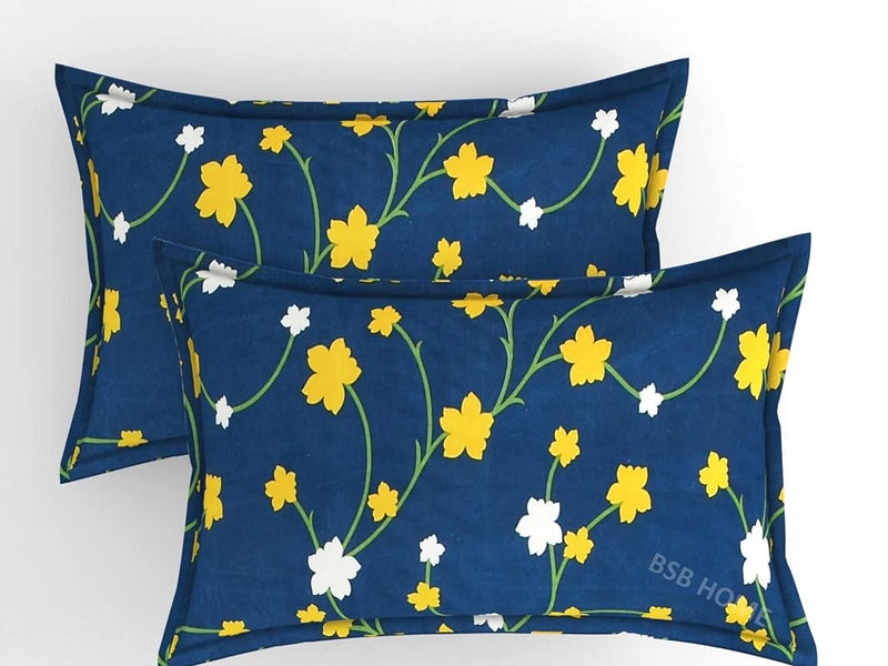 BSB HOME Premium Single Bedsheet with 1 Pillow Covers - 160 TC Supersoft Microfiber - Breathable & Wrinkle Free - 2 Pcs Set | Dark Blue and Yellow Leaf - Image 2