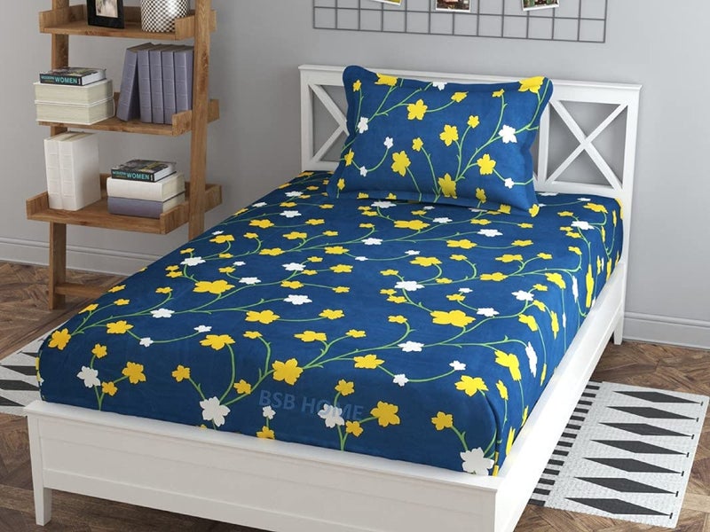 BSB HOME Premium Single Bedsheet with 1 Pillow Covers - 160 TC Supersoft Microfiber - Breathable & Wrinkle Free - 2 Pcs Set | Dark Blue and Yellow Leaf - Image 1
