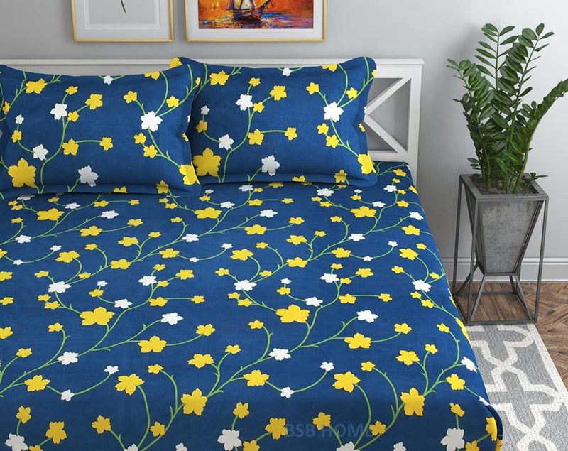BSB HOME Premium Single Bedsheet with 1 Pillow Covers - 160 TC Supersoft Microfiber - Breathable & Wrinkle Free - 2 Pcs Set | Dark Blue and Yellow Leaf - Image 4
