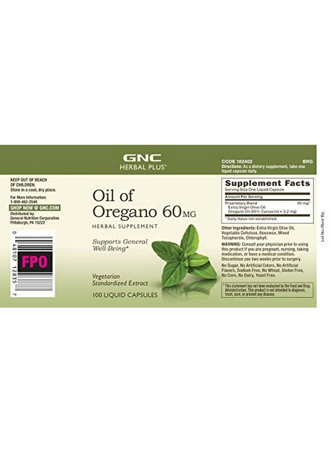 GNC - GNC Herbal Plus Oil of Oregano 60mg | Supports General Well-Being | 100 Capsules - Image 1