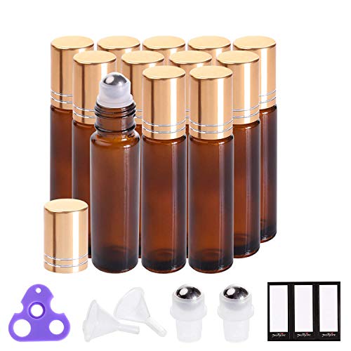 PrettyCare 12 Pack 10 ml Essential Oil Roller Bottles with Stainless Steel Roller Ball Refillable Leakproof Empty Thick Amber Glass Roll on Bottles with Metal Caps for Travel Perfume
