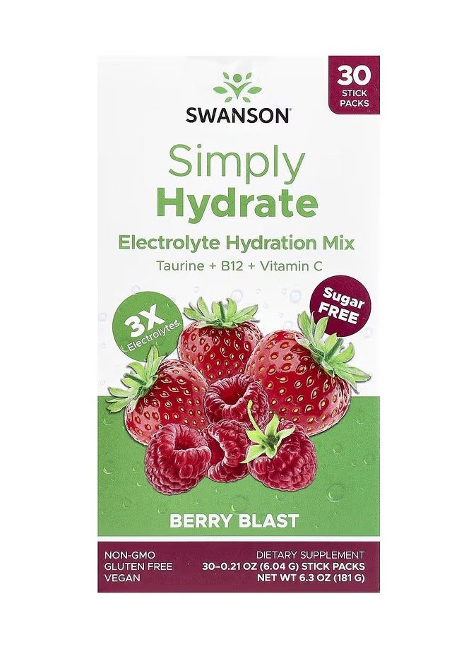 SWANSON Simply Hydrate, Electrolyte Hydration Mix, Berry Blast, 30 Stick Packs, 0.21 oz (6.04 g) Each - Image 2