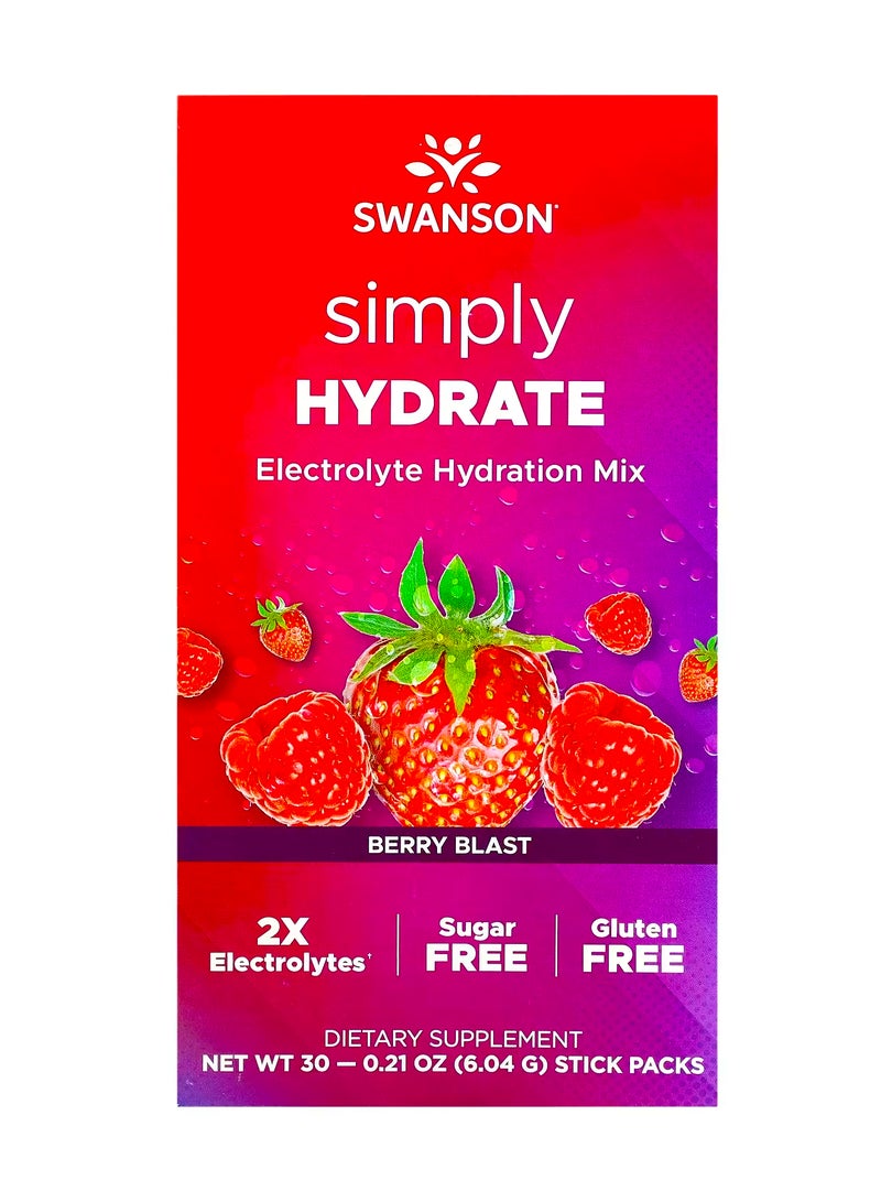 SWANSON Simply Hydrate, Electrolyte Hydration Mix, Berry Blast, 30 Stick Packs, 0.21 oz (6.04 g) Each - Image 1