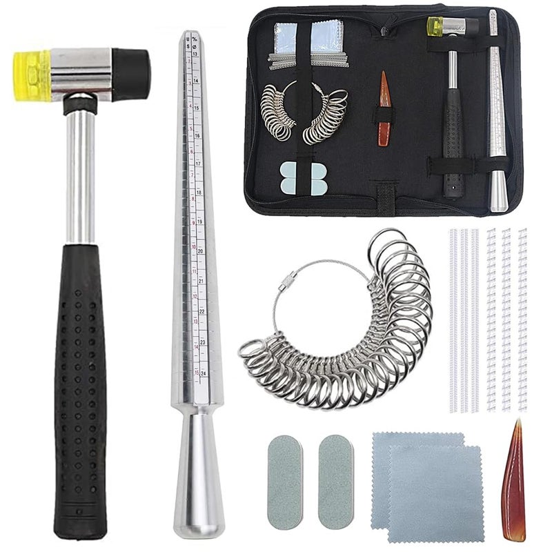 PHYHOO PHYHOO Ring Sizer Mandrel Set Metal Stick Measuring Tool Kit Finger Sizing Gauge US Size including Jewelry Rubber Hammer  - Image 1
