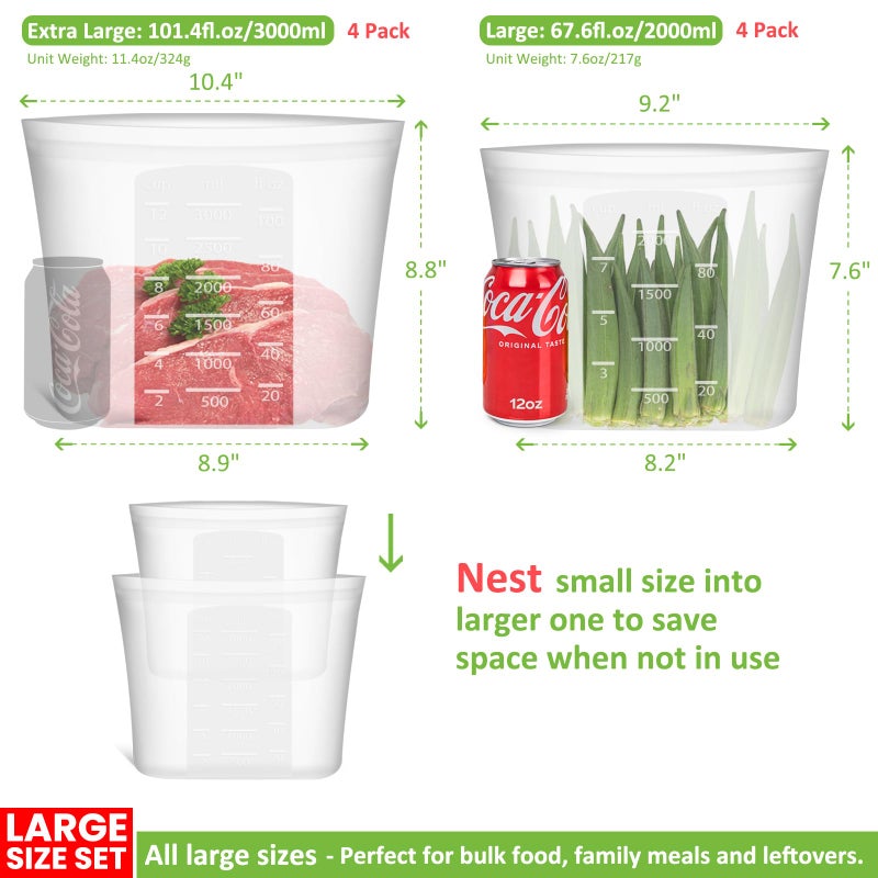 Annaklin Reusable Storage Bags, Set of 2 Large Sizes, 8 Pack 100% Silicone Food Storage Bags Stand Up Zip Lock Bag for Food, Freezer Microwave Oven Dishwasher Safe, 4 XL-4/5 Gallon, 4 L-1/2 Gallon, Translucent - Image 3