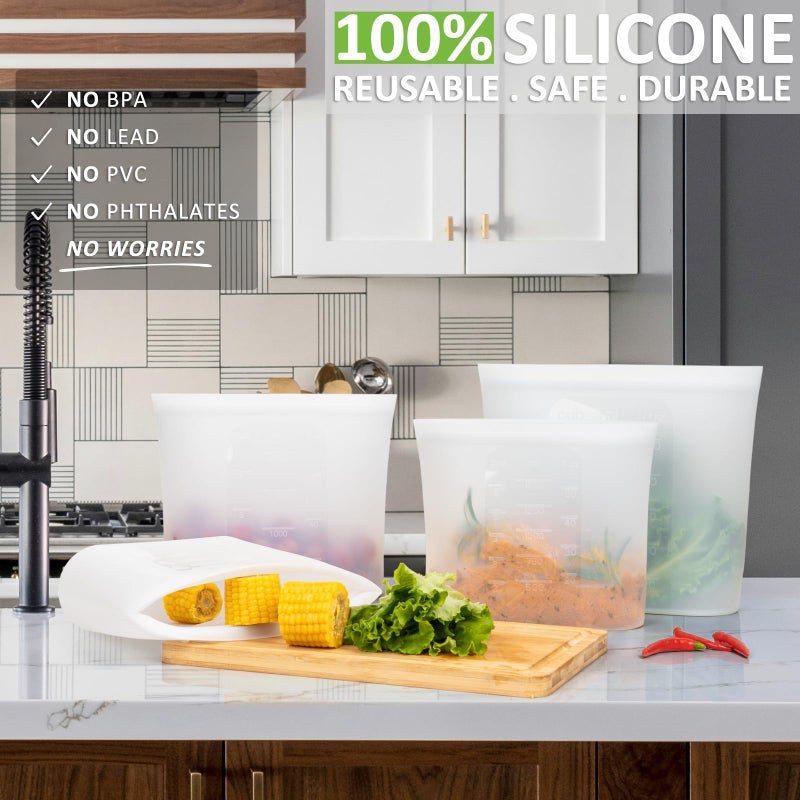 Annaklin Reusable Storage Bags, Set of 2 Large Sizes, 8 Pack 100% Silicone Food Storage Bags Stand Up Zip Lock Bag for Food, Freezer Microwave Oven Dishwasher Safe, 4 XL-4/5 Gallon, 4 L-1/2 Gallon, Translucent - Image 2