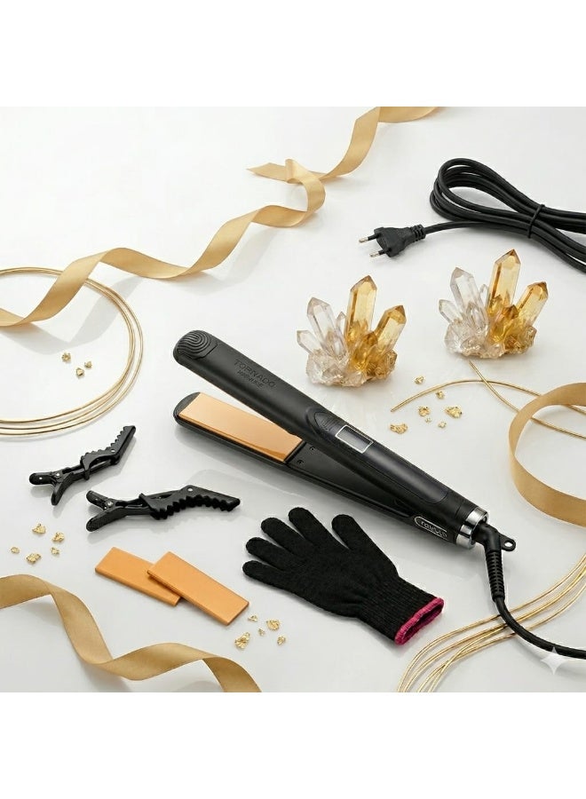 Tornado Gold Professional Hair Straightener for Ultimate Hair Care 980 Accessories (Ceramic + Gloves + 2 Clips) Metal Case - Image 1
