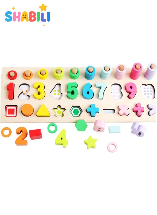 SHABILI Wooden Montessori Counting Math Puzzle Board – Shape Sorter with Number Pegs & Color Stacking Rings Educational Toy for Toddlers Ages 3+, Early STEM Preschool Math Learning Gift for Boys & Girls - Image 1