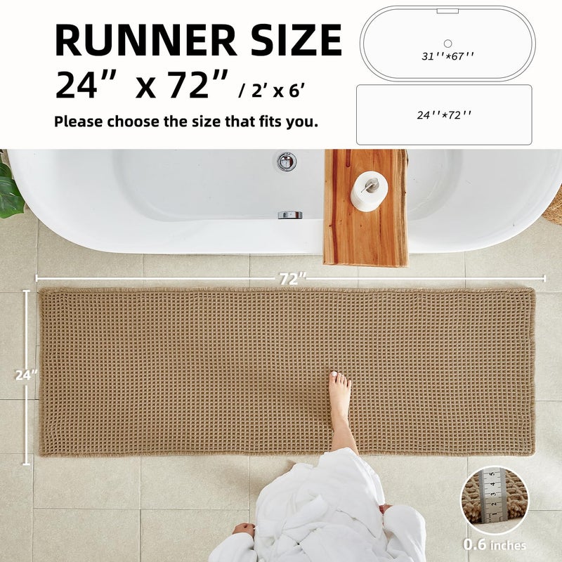 TYUU Waffle Runner Rug Bathroom, Long Boho Bathroom Rugs Non Slip Washable Super Absorbent Quick Dry Farmhouse Bath Mat, 72"x24" Khaki - Image 2