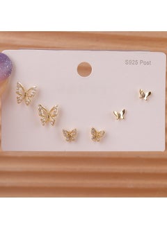 925 Zircon Butterfly Stud Earrings 6-Piece Set F2 Gold