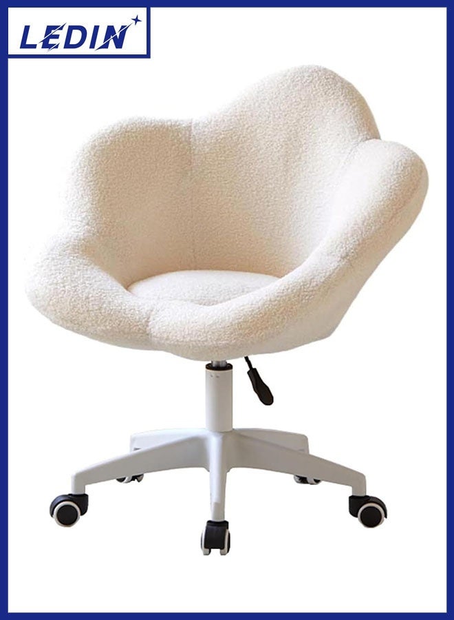 LEDIN Adjustable Swivel Vanity Chair, White Sherpa, Rolling Office Stool with 360° Wheels, Height Range 43-54cm, Padded Makeup Seat (White) - Image 1