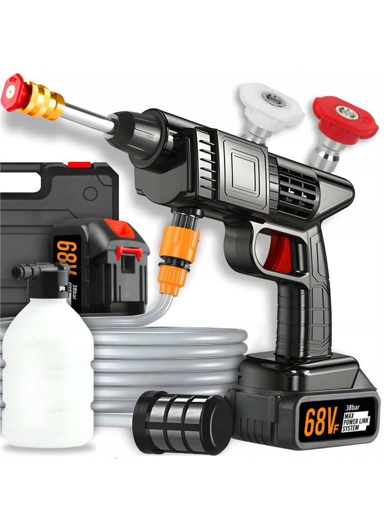 JIHAM Rechargeable Wireless Car Washing Machine Gun 68V High Pressure Portable Electric Cleaning Gun Kit With 2 x Lithium Batteries Charger Water Filter Long Hose Foam Bottle Multiple Nozzles And Storage Box For Cars Bikes Homes - Image 1
