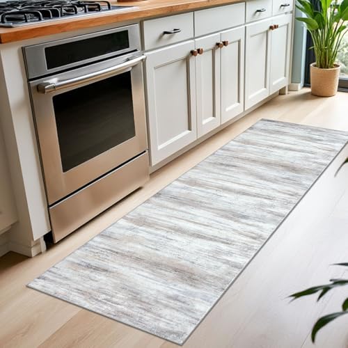 KOZYFLY Modern Abstract Kitchen Runner Rug, 2x6 Washable Rug Runner Non-Slip Soft Striped Hallway Runner Rugs, Beige Print Carpet Runner for Entryway Bathroom Laundry Room Foyer - Image 3