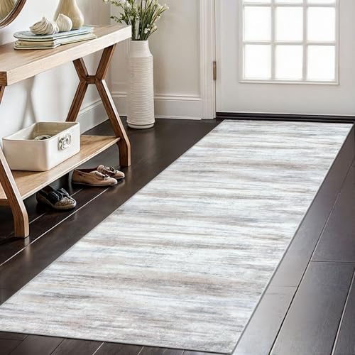 KOZYFLY Modern Abstract Kitchen Runner Rug, 2x6 Washable Rug Runner Non-Slip Soft Striped Hallway Runner Rugs, Beige Print Carpet Runner for Entryway Bathroom Laundry Room Foyer - Image 1