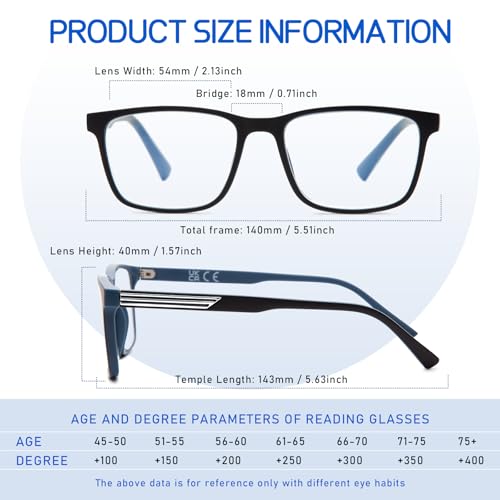 DEHOTRE 2 Pack Progressive Multifocus Reading Glasses Men Unbreakable TR90 Frame Temple Large Size Readers with Metal Inlays Multifocal Lens Blue Light Blocking Black & Blue 2.50 - Image 5