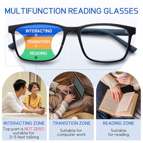 DEHOTRE 2 Pack Progressive Multifocus Reading Glasses Men Unbreakable TR90 Frame Temple Large Size Readers with Metal Inlays Multifocal Lens Blue Light Blocking Black & Blue 2.50 - Image 2