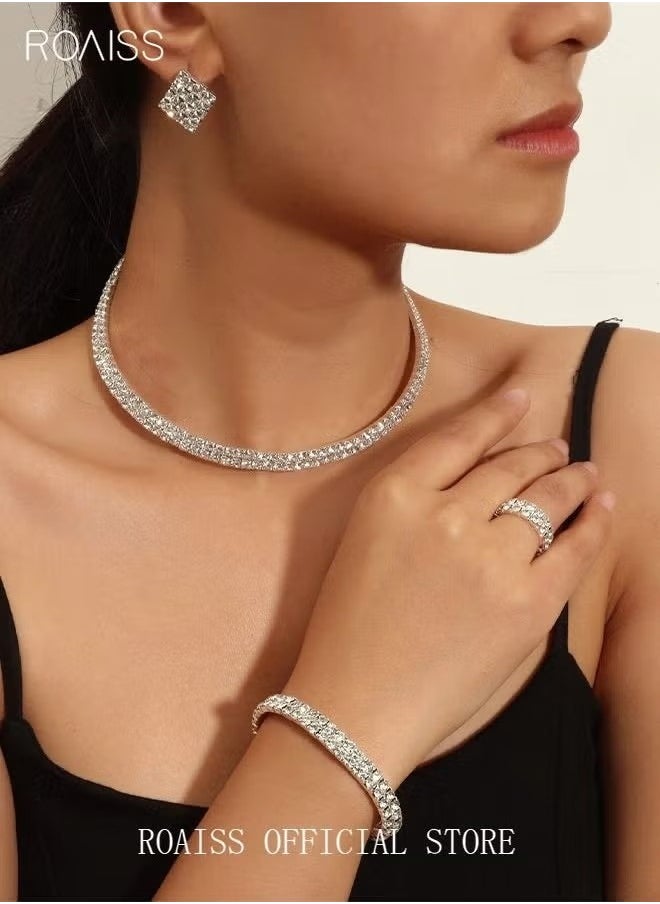 roaiss - 4 Pcs Rhinestone Choker Bracelet Ring Earrings Studs Set Double Row Round Diamond Collar Necklace Bridal Evening Dress Accessories for Women Silver/Clear - Image 1