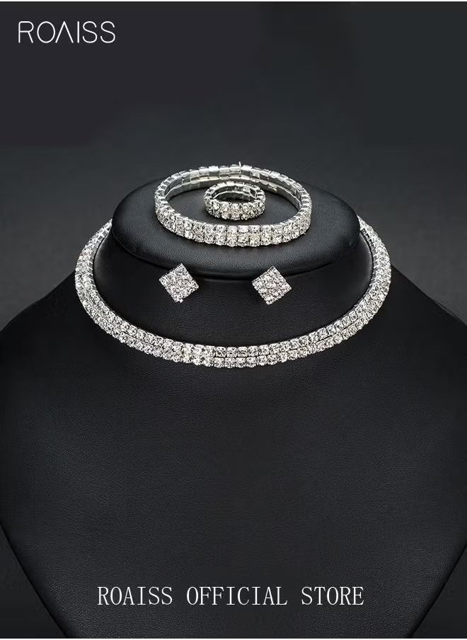 roaiss - 4 Pcs Rhinestone Choker Bracelet Ring Earrings Studs Set Double Row Round Diamond Collar Necklace Bridal Evening Dress Accessories for Women Silver/Clear - Image 1