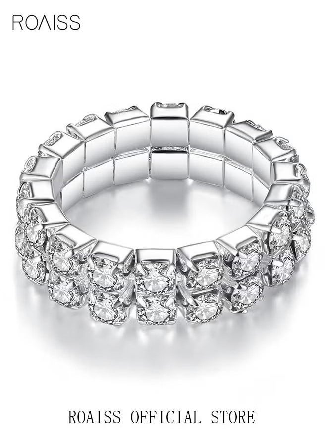 roaiss - 4 Pcs Rhinestone Choker Bracelet Ring Earrings Studs Set Double Row Round Diamond Collar Necklace Bridal Evening Dress Accessories for Women Silver/Clear - Image 1