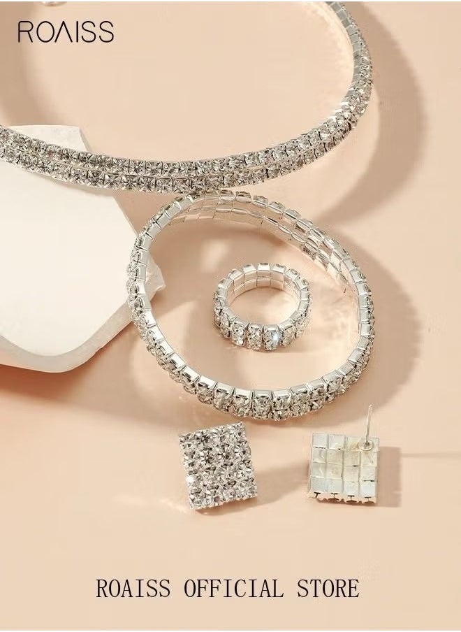 roaiss - 4 Pcs Rhinestone Choker Bracelet Ring Earrings Studs Set Double Row Round Diamond Collar Necklace Bridal Evening Dress Accessories for Women Silver/Clear - Image 1
