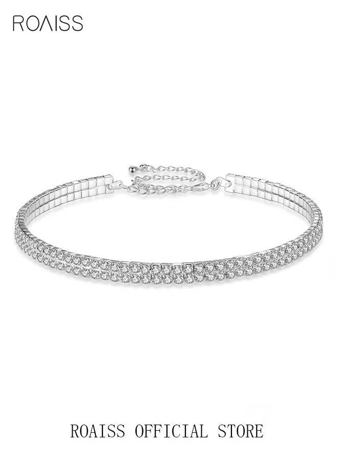 roaiss - 4 Pcs Rhinestone Choker Bracelet Ring Earrings Studs Set Double Row Round Diamond Collar Necklace Bridal Evening Dress Accessories for Women Silver/Clear - Image 1