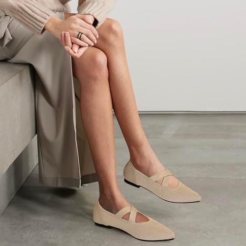 TINGRISE Women's Flats Shoes Pointed Toe Knit Washable Comfortable Dressy Mary Jane Ballet Flat with Strap Beige US6.5 - Image 4