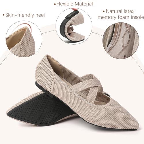 TINGRISE Women's Flats Shoes Pointed Toe Knit Washable Comfortable Dressy Mary Jane Ballet Flat with Strap Beige US6.5 - Image 2