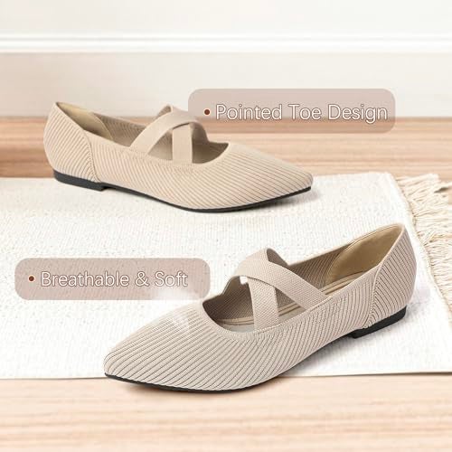 TINGRISE Women's Flats Shoes Pointed Toe Knit Washable Comfortable Dressy Mary Jane Ballet Flat with Strap Beige US6.5 - Image 3